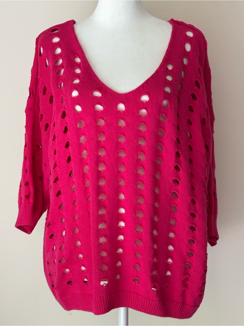Halogen Bright Pink Open-Knit V-Neck Sweater Top